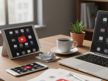 스마트폰과 태블릿 화면에 YouTube 로고가 표시된 홈 화면, 노트북 키보드 위에 커피잔과 메모지가 놓인 책상
