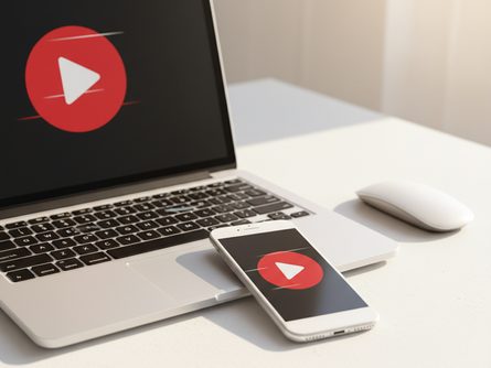 빨간색 재생 버튼 아이콘이 그려진 스마트폰과 노트북, 컴퓨터 마우스가 흰색 책상 위에 놓여있는 모습