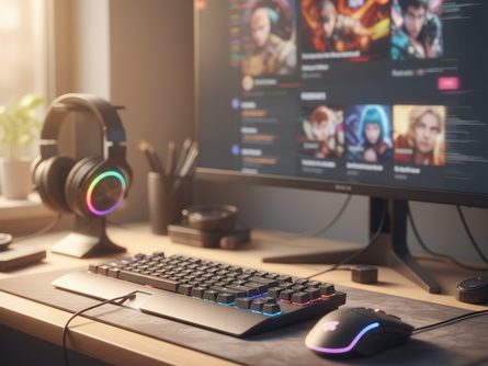 책상 위에 놓인 게이밍 키보드와 마우스, RGB 조명이 켜진 게이밍 헤드셋