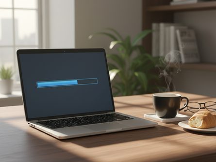 나무 책상 위에 놓인 노트북, 그 옆에 종이 메모지와 펜이 배치된 사무실 환경