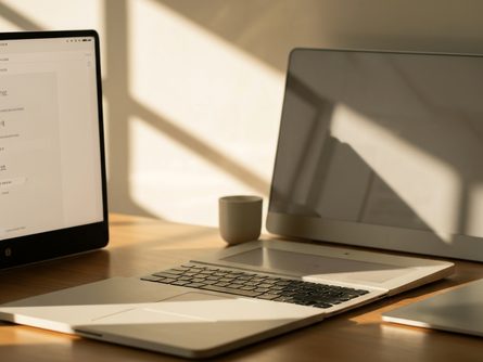 신문과 태블릿, 커피잔이 놓인 나무 책상