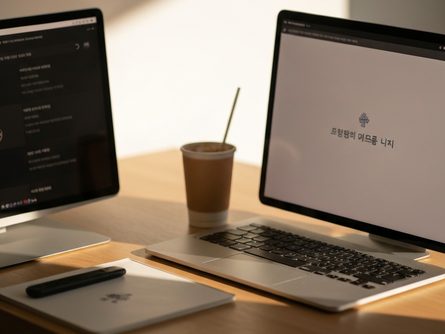 장바구니에 담긴 생활용품과 문구류, 나무 테이블 위에 놓인 쇼핑백