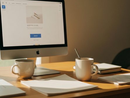 책상 위에 펼쳐진 노트북, 스마트폰, 커피잔, 메모장이 놓여 있는 밝은 사무 공간