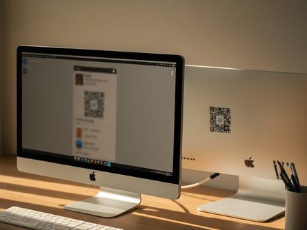 스마트폰과 노트북이 나란히 놓인 책상 위 모습, 커피잔과 메모장이 함께 배치됨