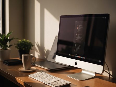 스마트폰과 노트북이 나란히 놓인 책상 위, 커피 한 잔과 메모장이 함께 배치된 모습