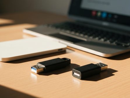 노트북 화면에 유튜브 로고가 표시된 스티커가 붙어 있고, 키보드 위에 USB 메모리와 이어폰이 놓인 책상
