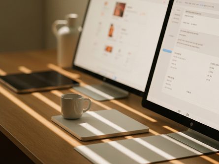 책상 위에 놓인 연필과 노트, 형광펜으로 교정된 원고지