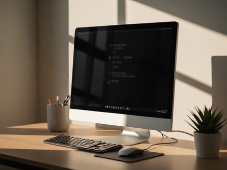 스마트폰과 태블릿이 놓인 책상 위 모습, 커피잔과 노트가 함께 배치됨