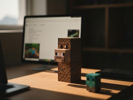 나무 책상 위에 놓인 레고 블록으로 만든 집과 나무, 색종이로 만든 픽셀 아트 캐릭터