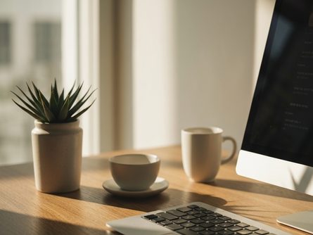 노트북과 스마트폰, 태블릿이 놓인 책상 위에 구름 모양 아이콘이 그려진 메모지가 있는 모습