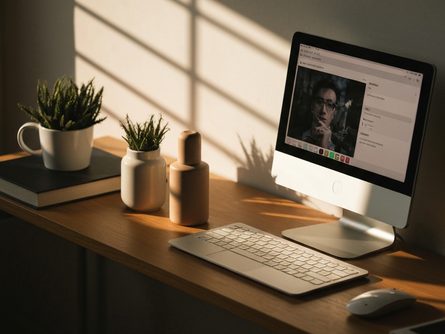 책상 위에 놓인 노트북과 노트, 펜, 커피잔, 햇빛이 드는 창가 배경