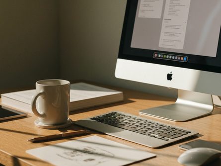 밝은 사무실 책상 위에 놓인 노트북, 키보드, 마우스, 스마트폰이 배치된 모습. 노트북 화면은 흐릿하게 표시되고 따뜻한 자연광이 창문으로 들어오는 장면