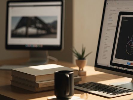 노트북 화면에 표시된 크롬 브라우저 새탭 페이지, 여러 웹사이트 아이콘들과 검색창, 흐릿한 사무실 배경