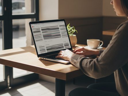 손으로 노트북 키보드를 입력하며 화면에는 유튜브 로고가 보이는 클로즈업, 흐릿한 책상 배경