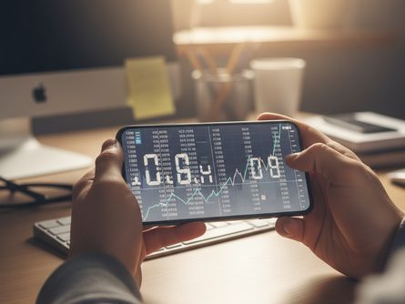 스마트폰을 손으로 들고 있는 모습, 화면에는 암호화폐 거래 차트와 숫자가 보이며 배경은 흐릿한 사무실 책상