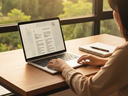 책상 앞에 앉아 노트북으로 국어사전을 검색하는 모습, 옆에 펜과 노트가 놓여있고 창밖으로 자연광이 들어오는 학습 공간