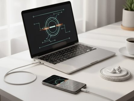 흰색 책상 위에 놓인 노트북과 스마트폰, USB 케이블로 연결된 모습