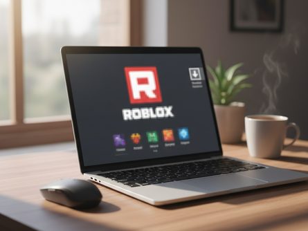 햇살이 드는 책상 위 노트북과 마우스, 화면에 로블록스 로고가 보이는 모습