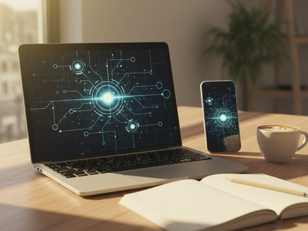 햇살이 드는 책상 위, 열린 노트북 화면과 스마트폰, 옆에 놓인 커피잔과 노트