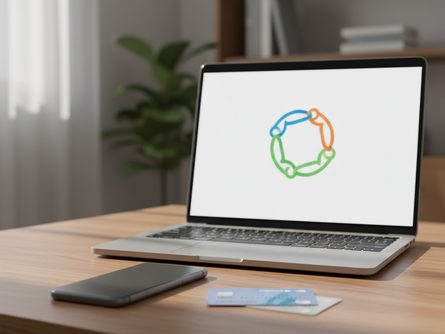 거실 책상 위에 놓인 스마트폰과 신용카드, 뒤편으로 노트북 화면에 위텍스 로고