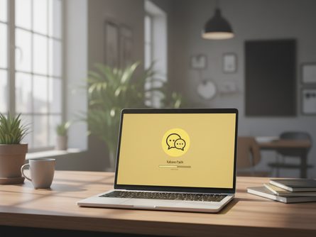 책상 위에 놓인 노트북 화면에 카카오톡 로고와 설치 진행 바가 보이는 모습, 자연광이 드는 사무실 배경